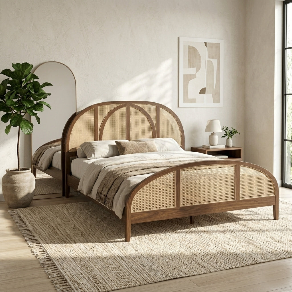 Jharokha Sheesham Wood & Rattan Cane Bed (Walnut Finish)