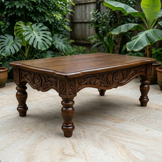 Mayur Carved Coffee Table in Solid Wood | Walnut Finish