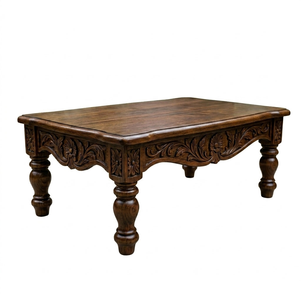 Mayur Carved Coffee Table in Solid Wood | Walnut Finish