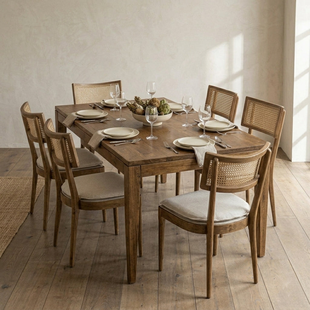 Octavia Mango Wood 6 Seater Dining Table Set with Rattan Backrest Cushion Chairs | Solid Wood Dining Room Furniture