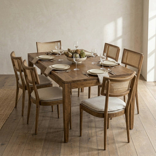 Octavia Mango Wood 6 Seater Dining Table Set with Rattan Backrest Cushion Chairs | Solid Wood Dining Room Furniture