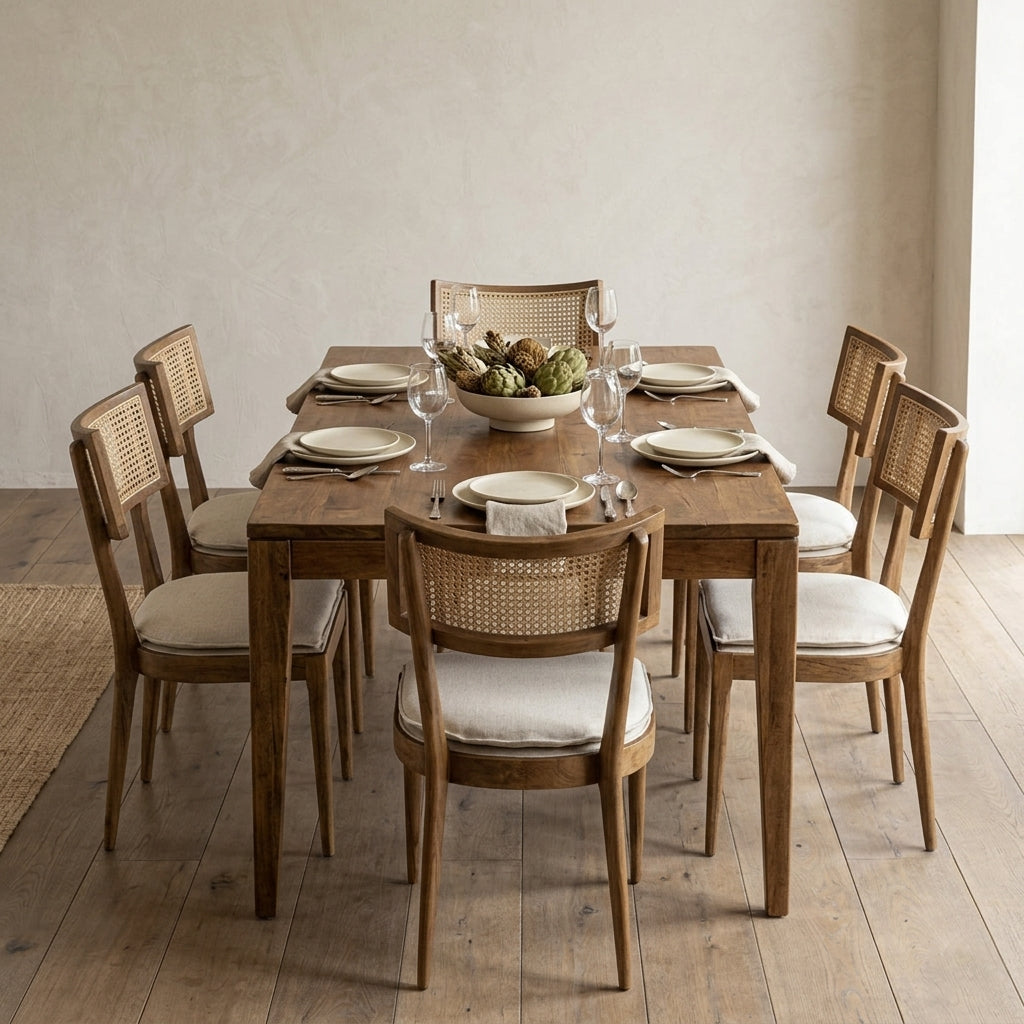 Octavia Mango Wood 6 Seater Dining Table Set with Rattan Backrest Cushion Chairs | Solid Wood Dining Room Furniture