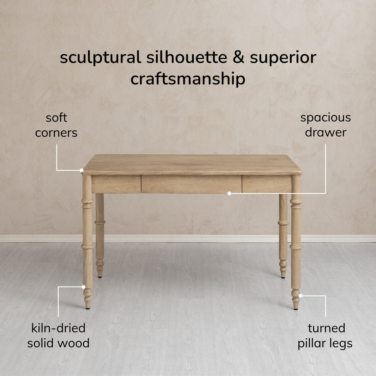 Orleans Writing Desk in Solid Wood | Natural Finish| Mango Wood | Satin Matt Finish