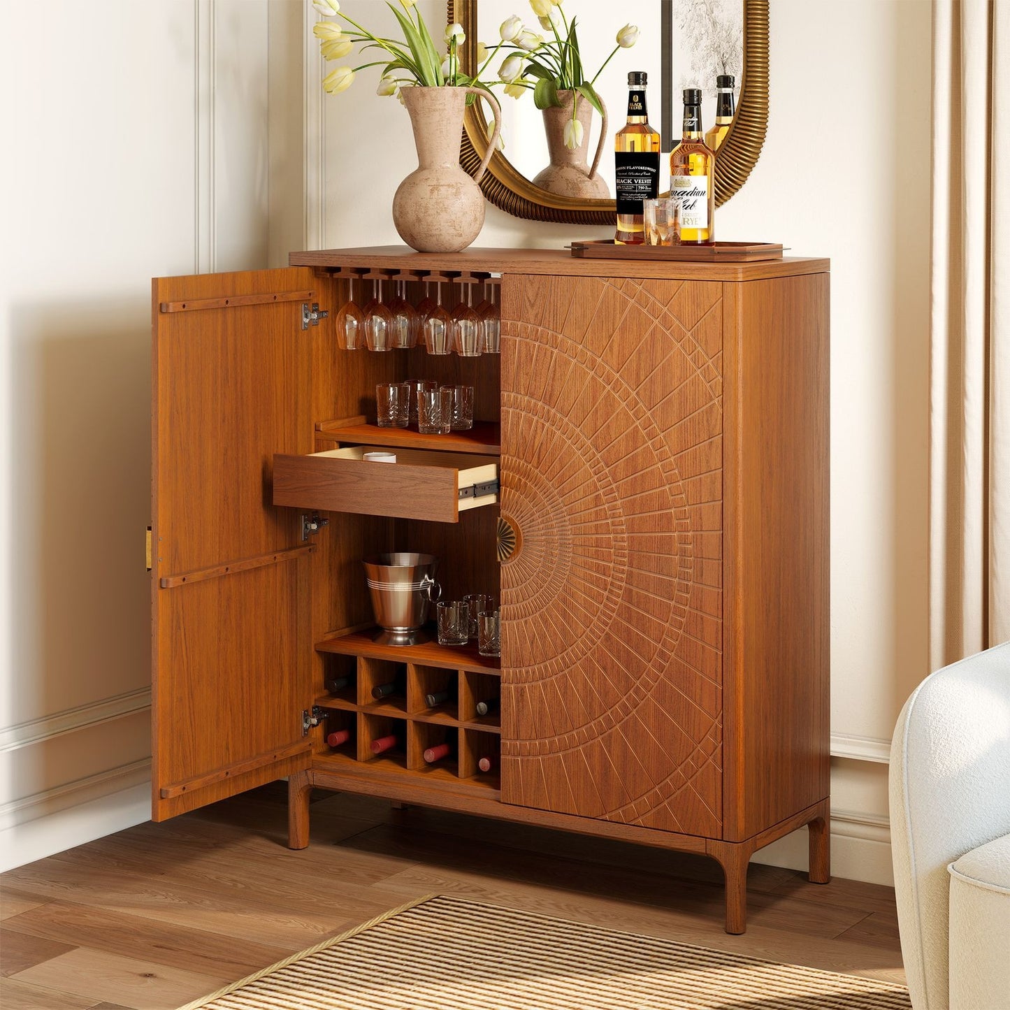 Rajwada Sunburst Bar Cabinet | Mango Wood | Honey Finish | Solid Wood | Drinks Cabinet