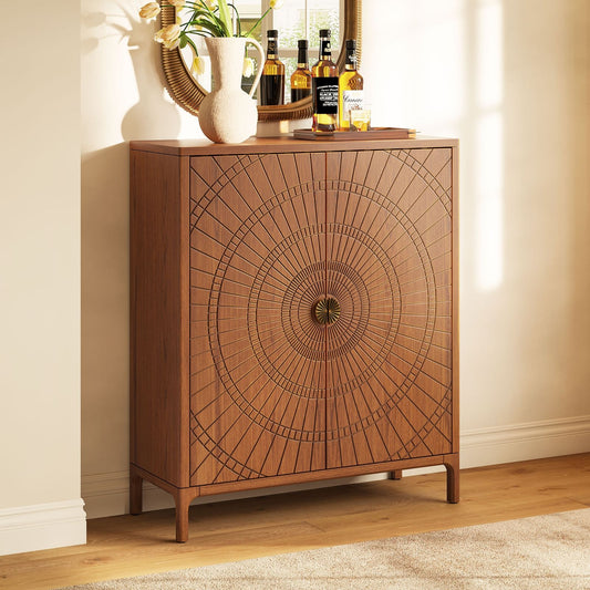 Rajwada Sunburst Bar Cabinet | Mango Wood | Honey Finish | Solid Wood | Drinks Cabinet