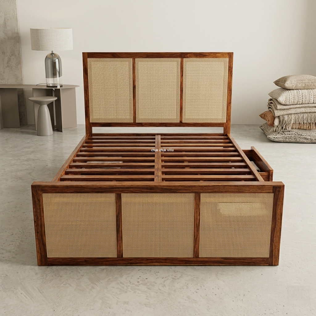 Rattan Wooden Bed With Storage in Sheesham Wood | Drawer Storage| King Size & Queen Size | Honey Finish