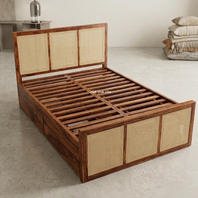 Rattan Wooden Bed With Storage in Sheesham Wood | Drawer Storage| King Size & Queen Size | Honey Finish