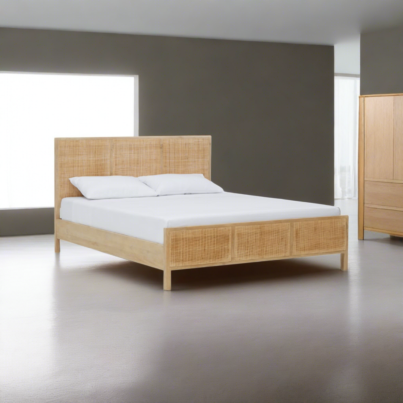 Rattan Wooden Bed in Solid Wood