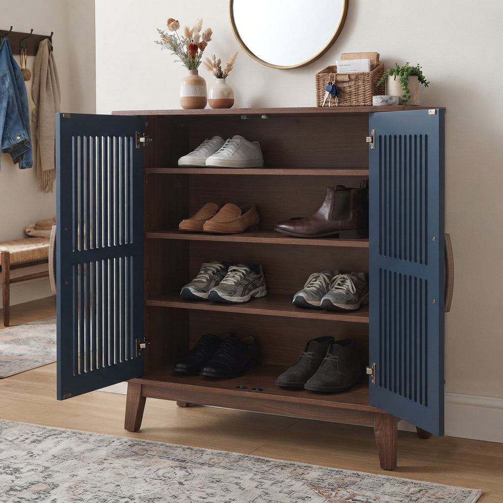 Vent Solid Wood Shoe Cabinet with Grooved Ventilation Doors – 2 Door Mango Wood Shoe Storage