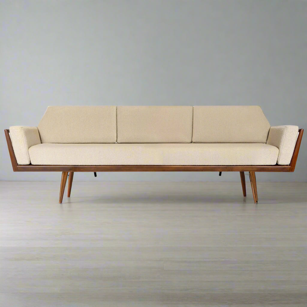 Slat-Back Wooden Sofa with Premium Upholstery