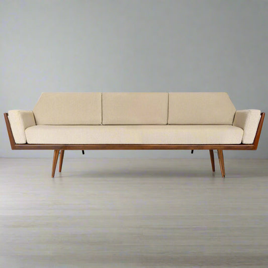 Slat-Back Wooden Sofa with Premium Upholstery
