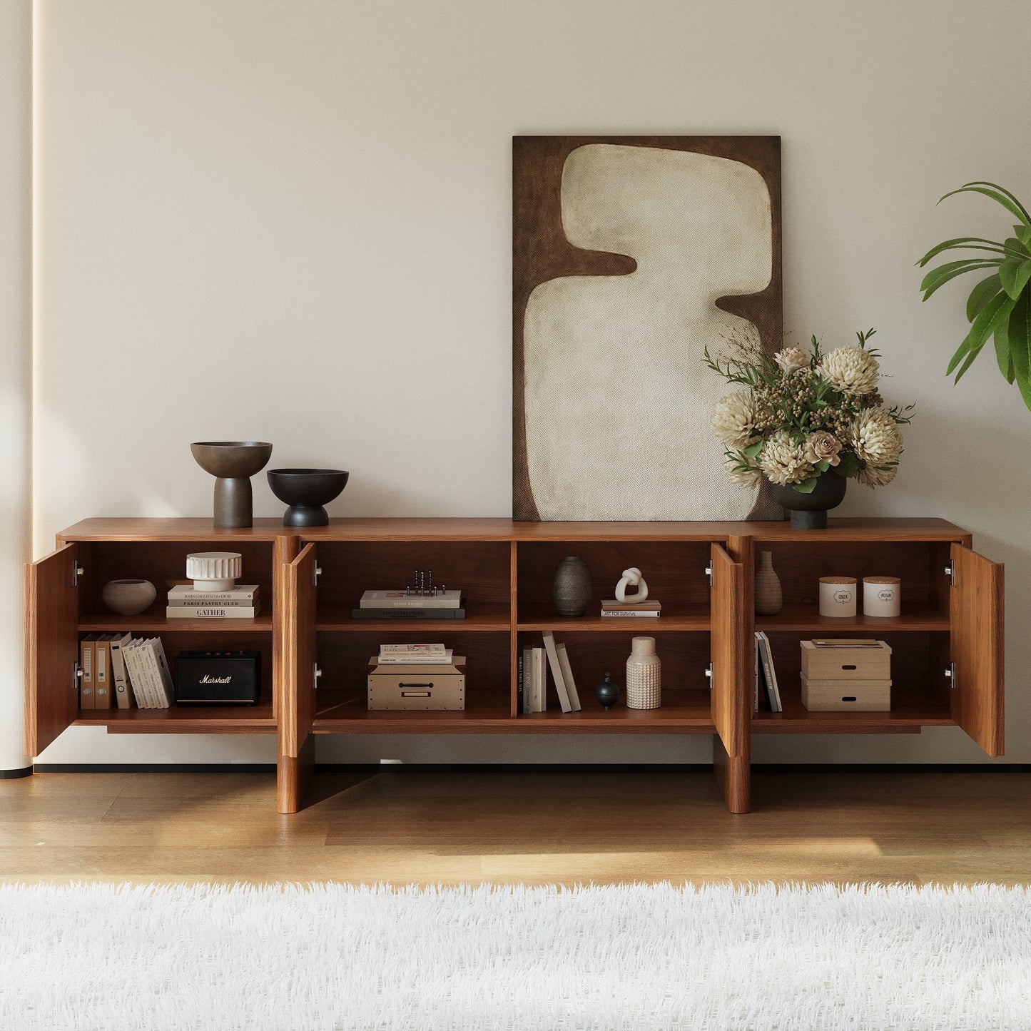 Stylish TV Cabinet in Acacia Wood  | 4 Storage Compartments | Honey Finish