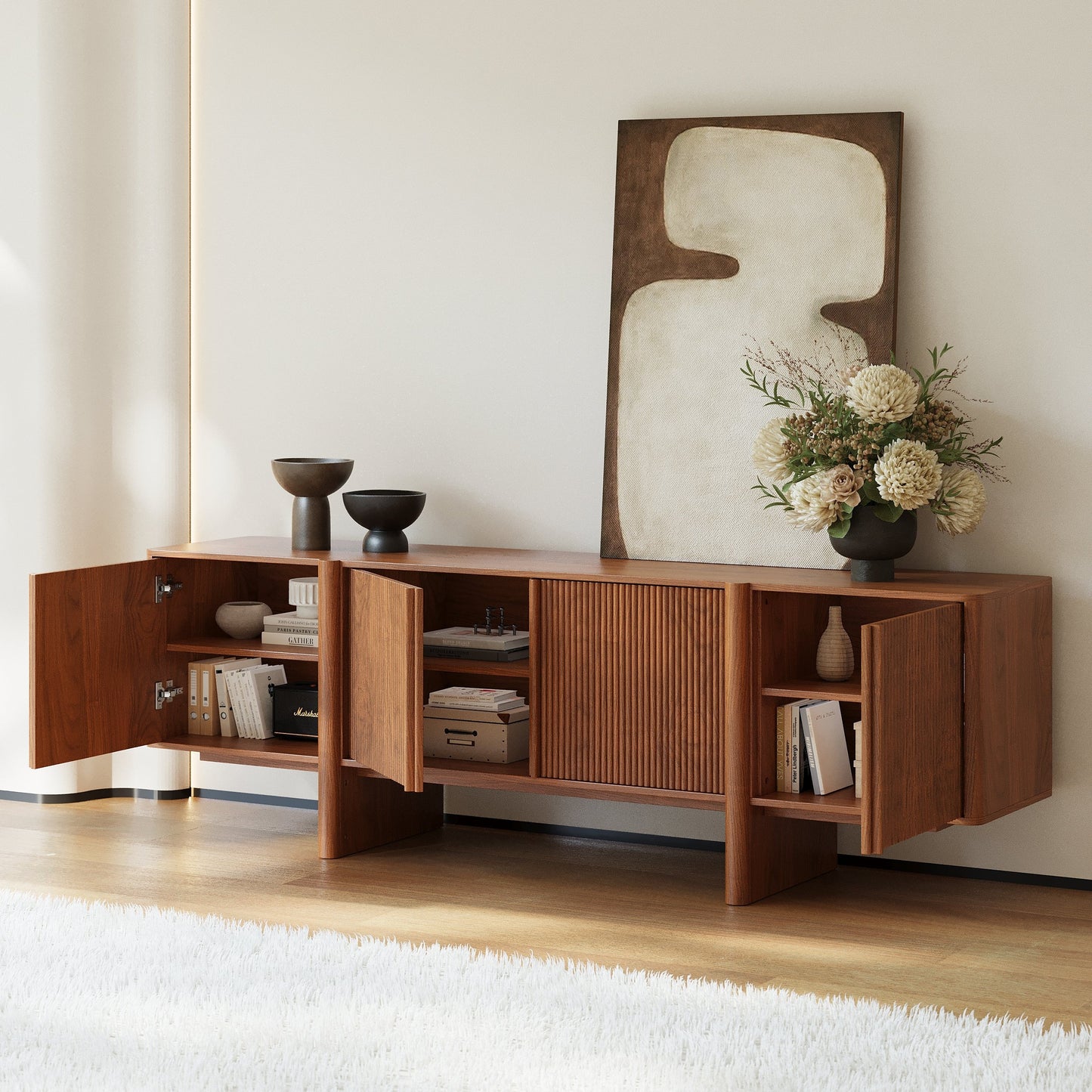 Stylish TV Cabinet in Acacia Wood  | 4 Storage Compartments | Honey Finish