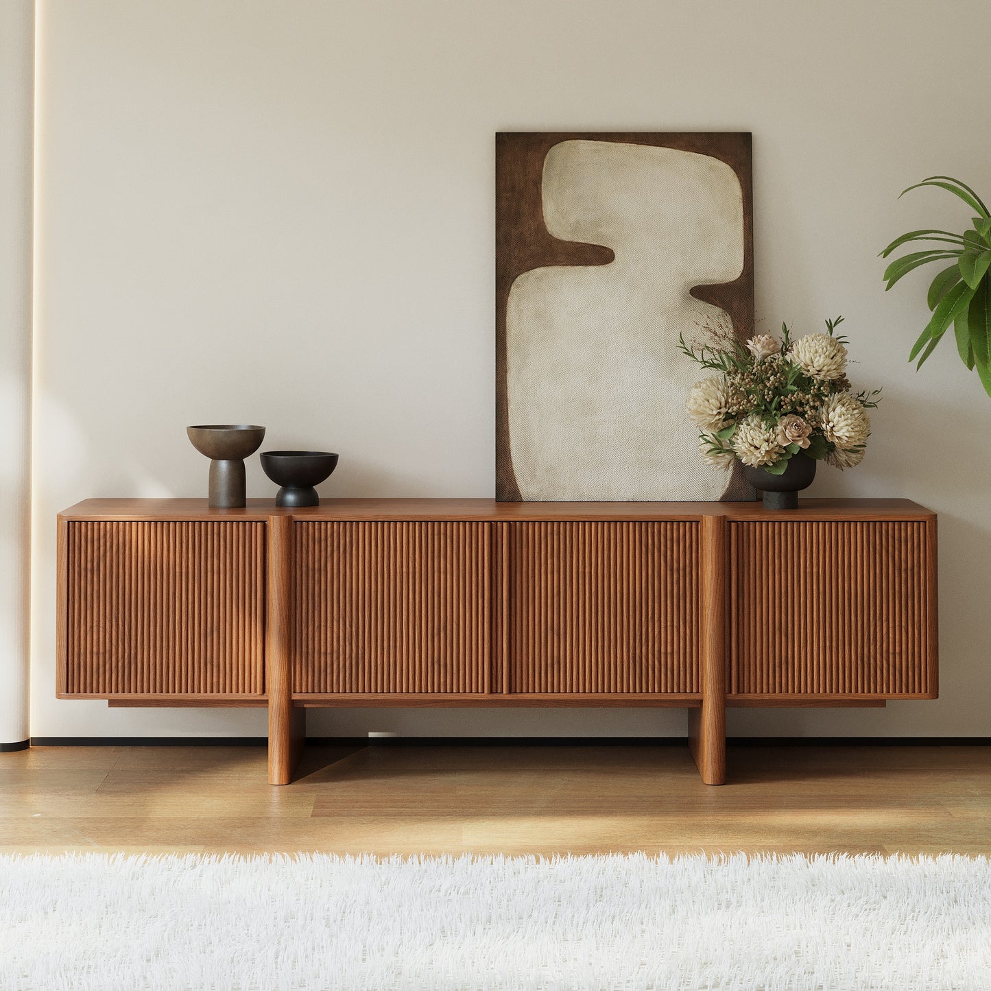 Stylish TV Cabinet in Acacia Wood  | 4 Storage Compartments | Honey Finish