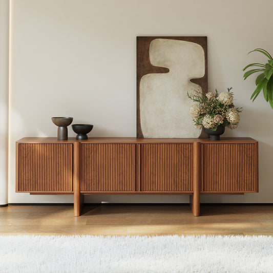 Stylish TV Cabinet with Acacia Wood Doors & Walnut Body – 4 Storage Compartments