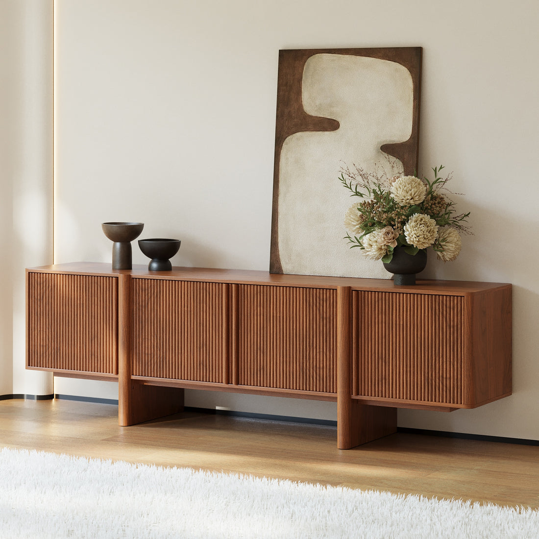 Stylish TV Cabinet with Acacia Wood Doors & Walnut Body – 4 Storage Compartments