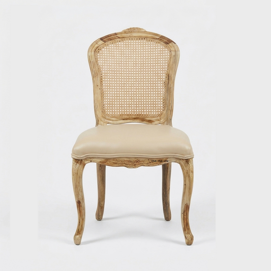 Sunehri Mahal Dining Chair | Sheesham Wood | Natural Finish | Beige Leather Upholstery| Rattan Backrest Design