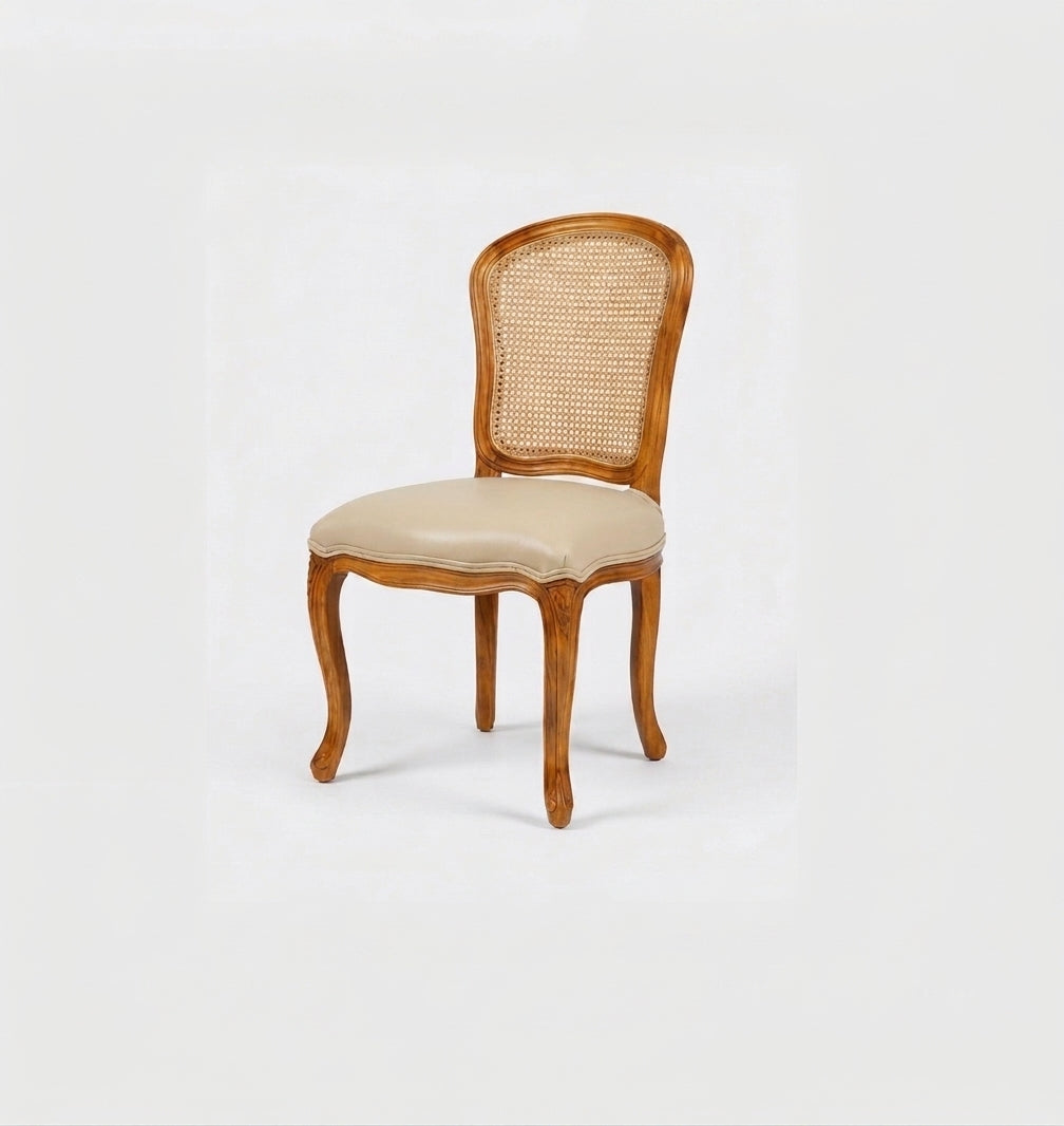 Sunehri Mahal Dining Chair | Sheesham Wood | Natural Finish | Beige Leather Upholstery| Rattan Backrest Design