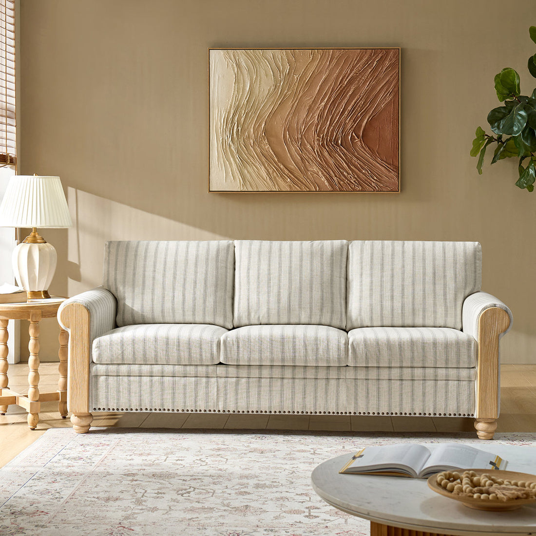 Terren 3 Seater Farmhouse Striped Sofa With Rolled Arm and Solid Wood Spindle Legs