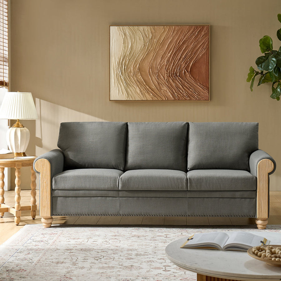 Terren 3 Seater Farmhouse Striped Sofa With Rolled Arm and Solid Wood Spindle Legs