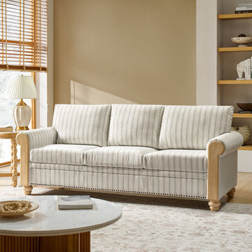 Terren 3 Seater Farmhouse Striped Sofa With Rolled Arm and Solid Wood Spindle Legs