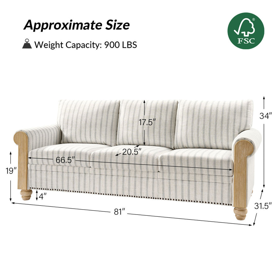 Terren 3 Seater Farmhouse Striped Sofa With Rolled Arm and Solid Wood Spindle Legs