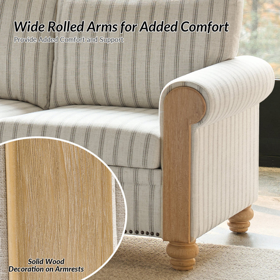 Terren 3 Seater Farmhouse Striped Sofa With Rolled Arm and Solid Wood Spindle Legs