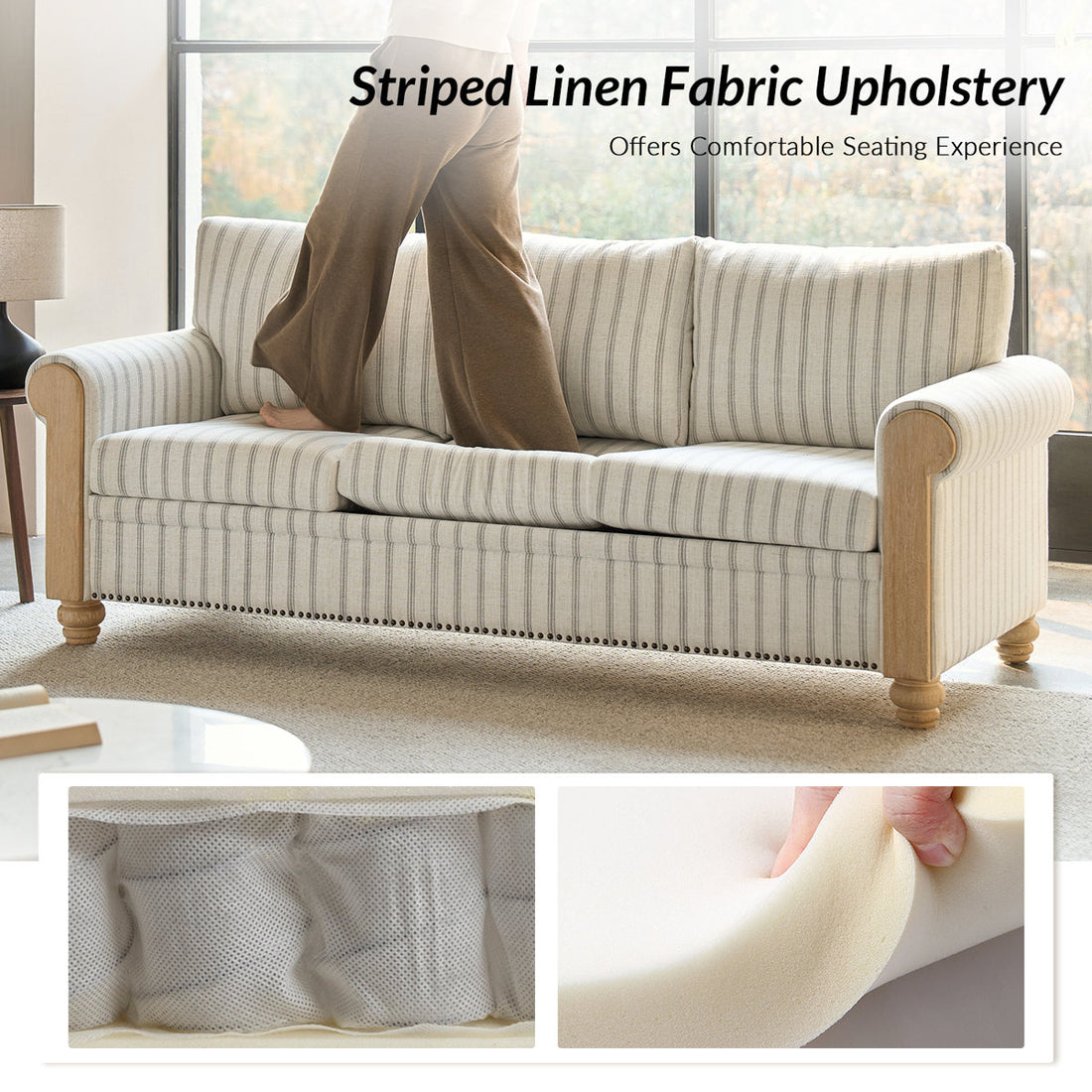 Terren 3 Seater Farmhouse Striped Sofa With Rolled Arm and Solid Wood Spindle Legs