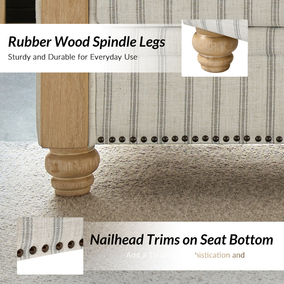 Terren 3 Seater Farmhouse Striped Sofa With Rolled Arm and Solid Wood Spindle Legs