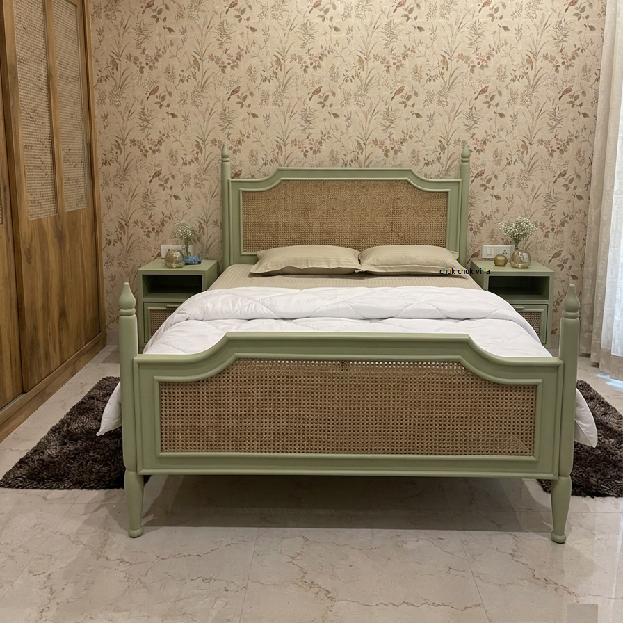 The Sage Rattan Bed | Sage Green | Solid Wood | King Size & Queen Size | Without Storage | Rattan Design