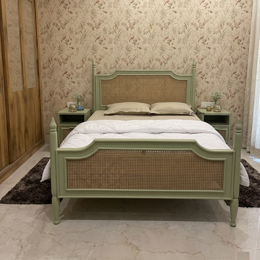 The Sage Rattan Bed | Sage Green | Solid Wood | King Size & Queen Size | Without Storage | Rattan Design