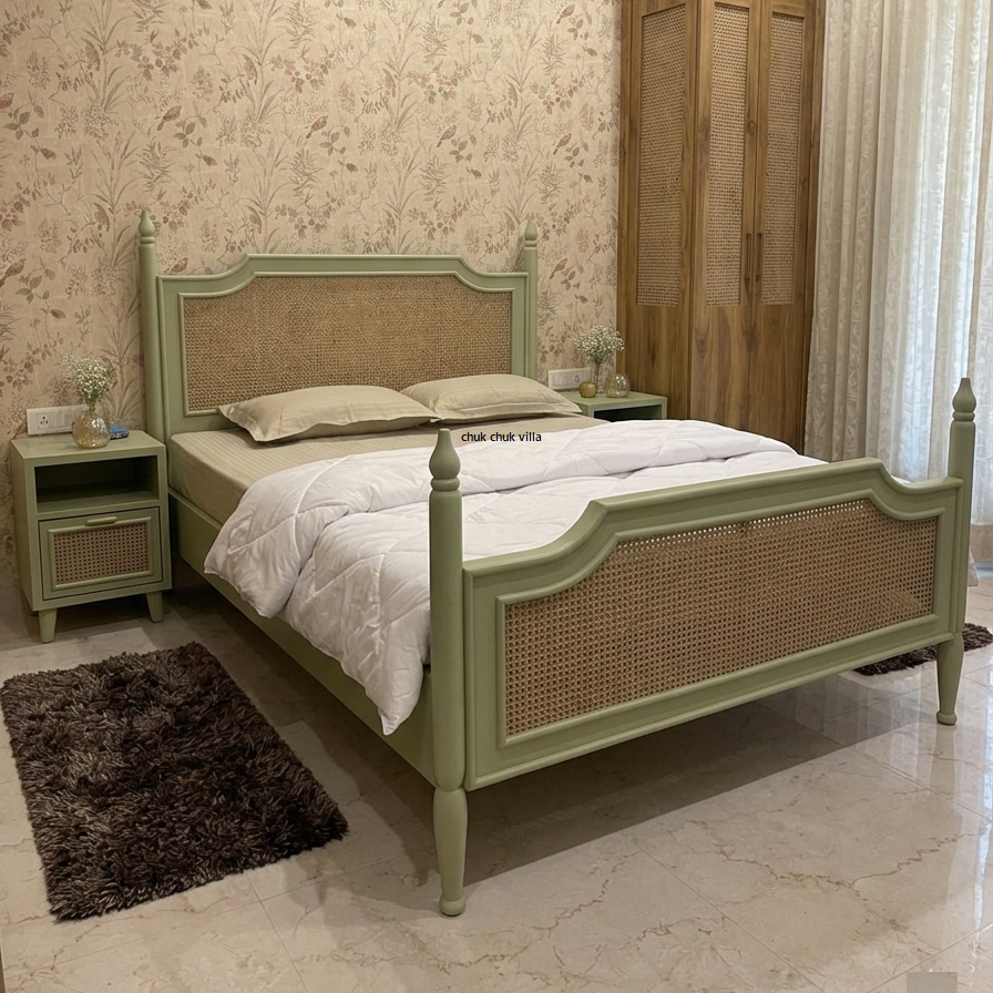 The Sage Rattan Bed | Sage Green | Solid Wood | King Size & Queen Size | Without Storage | Rattan Design