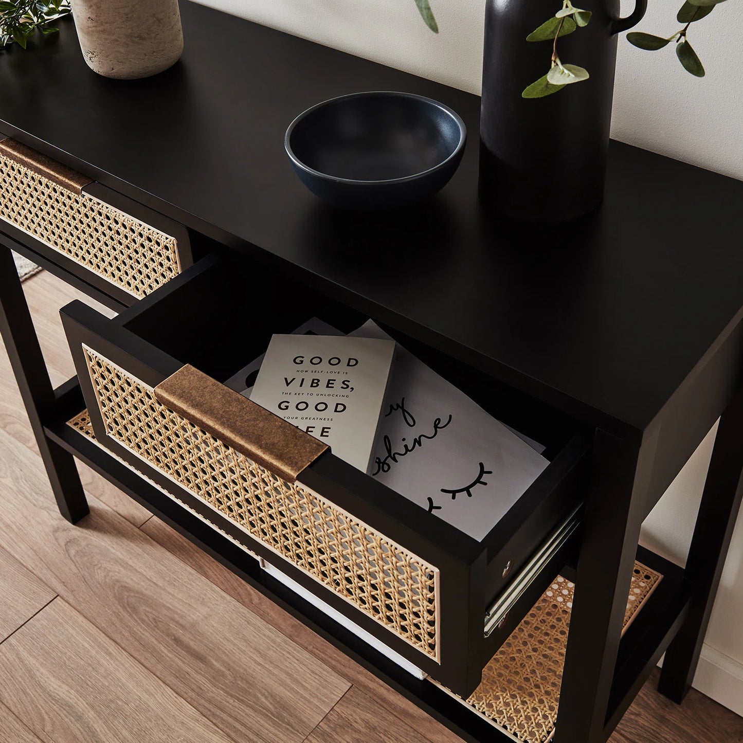 Theophania Mango Wood Console Table |Black Finish |Rattan Design