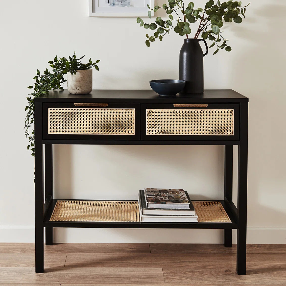 Theophania Mango Wood Console Table |Black Finish |Rattan Design