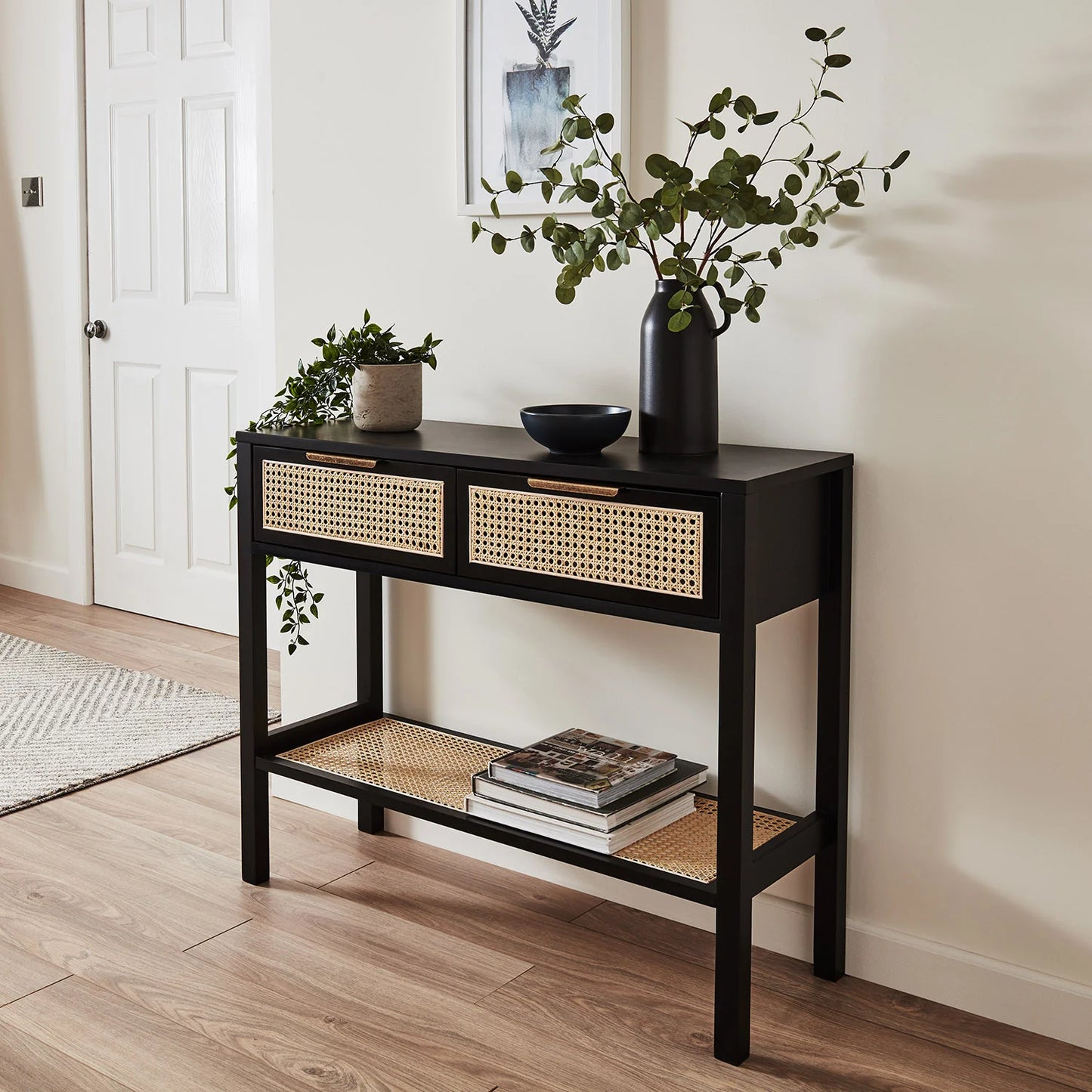 Theophania Mango Wood Console Table |Black Finish |Rattan Design
