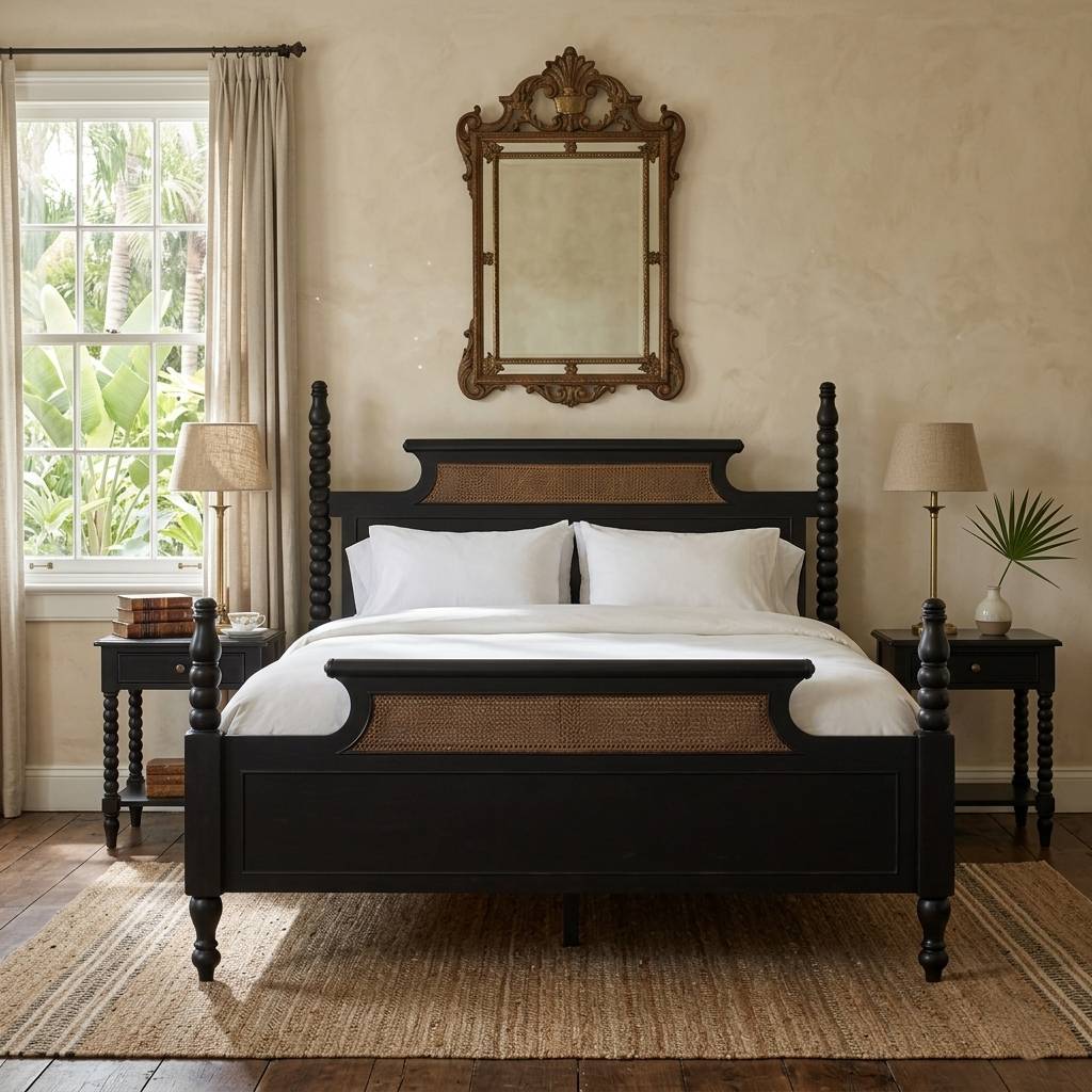 Tico Sheesham Wood Cane Bed - Natural Rattan | Black Finish| Solid Wood | Poster Bed