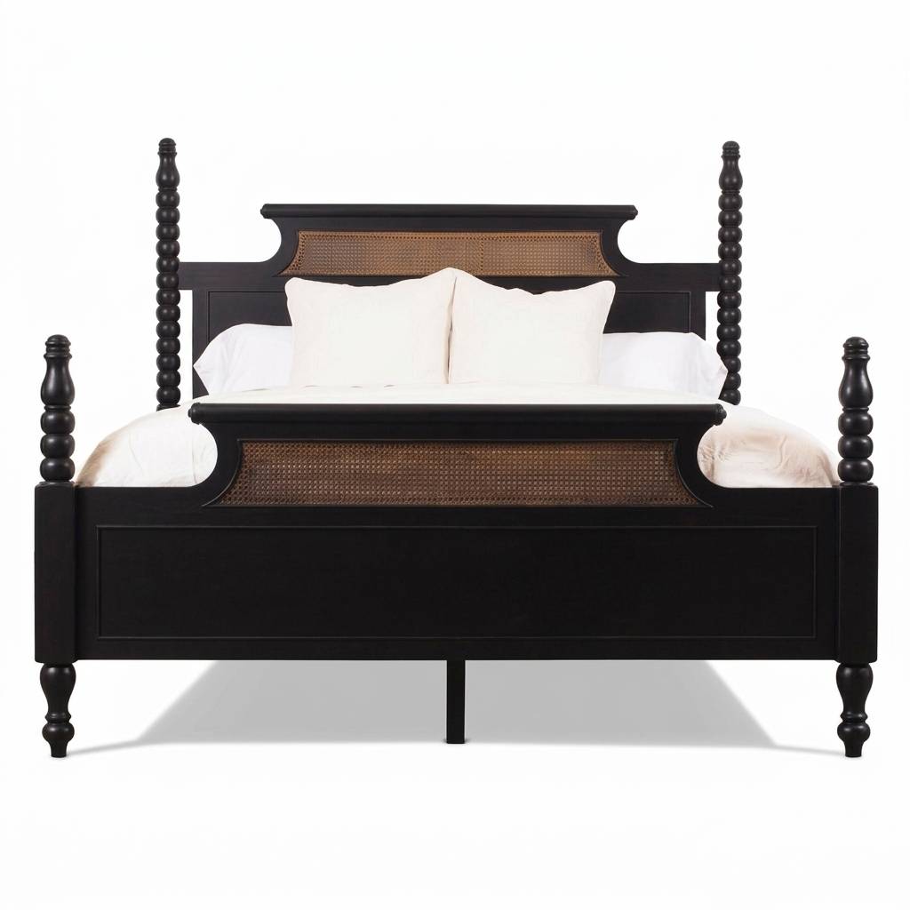 Tico Sheesham Wood Cane Bed - Natural Rattan | Black Finish| Solid Wood | Poster Bed