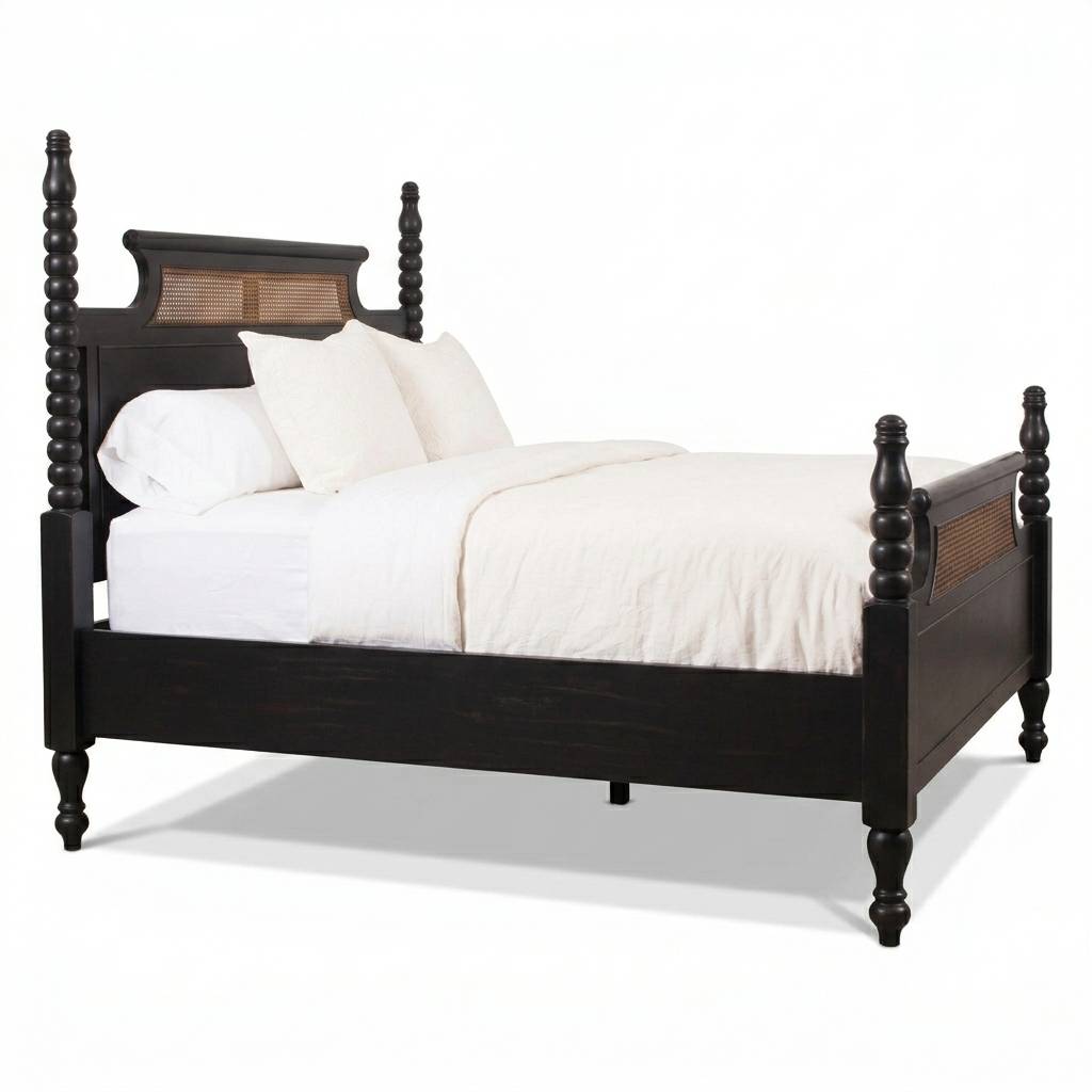 Tico Sheesham Wood Cane Bed - Natural Rattan | Black Finish| Solid Wood | Poster Bed