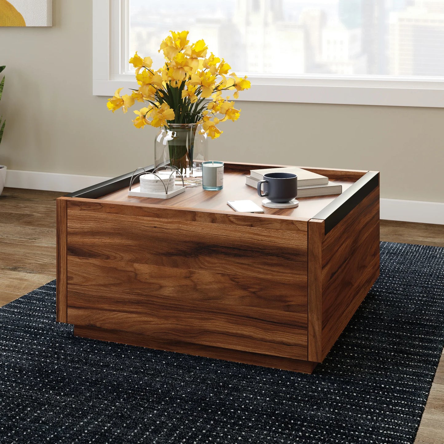 Tyzor Acacia Wood Square Coffee Table with Drawer Storage