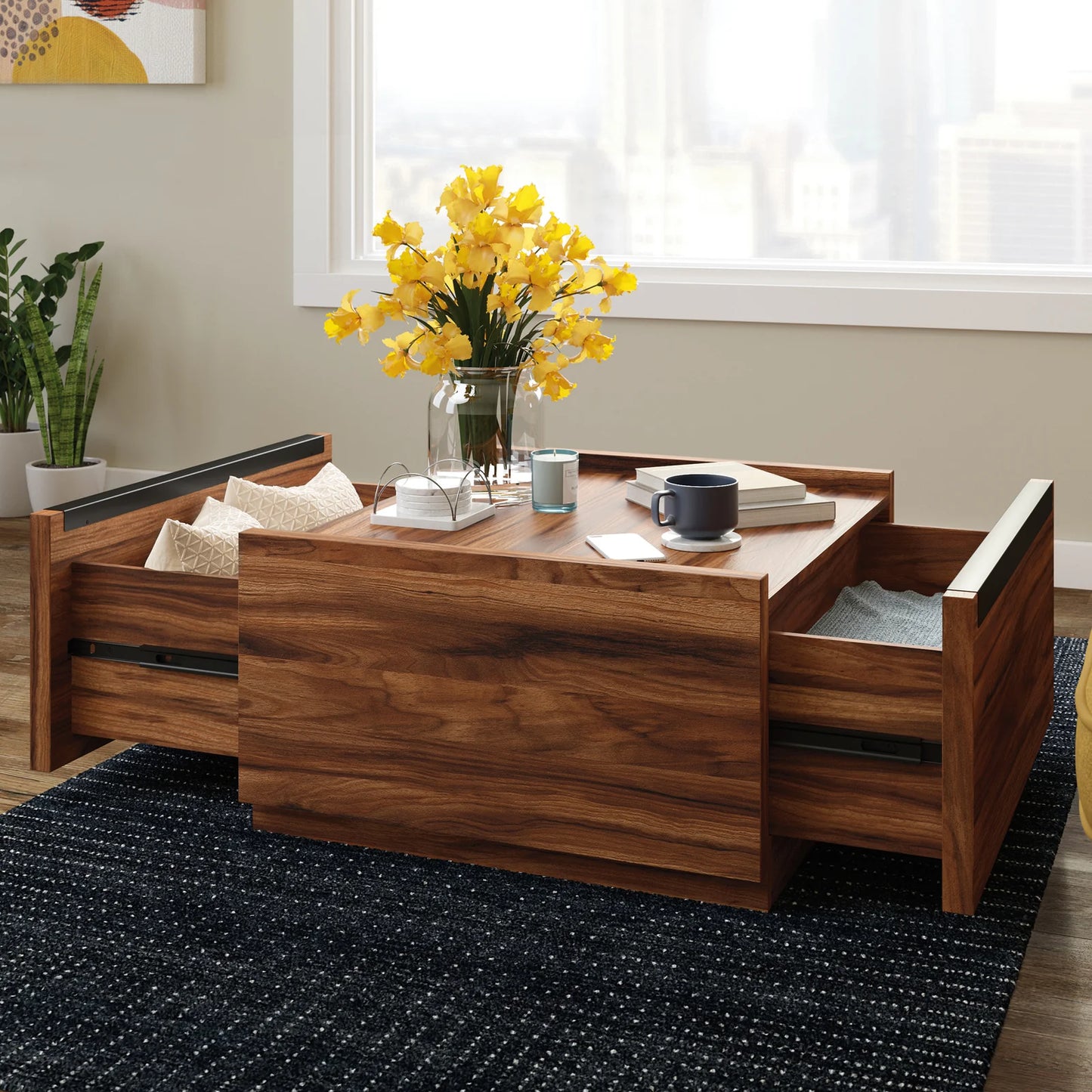 Tyzor Acacia Wood Square Coffee Table with Drawer Storage