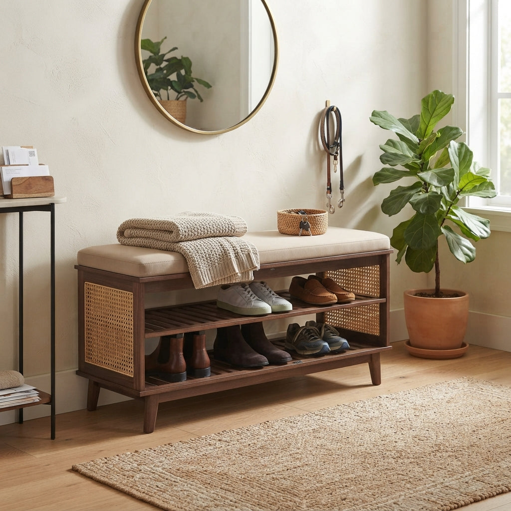 Vamo Solid Wood Storage Bench & Shoe Rack with Upholstered Seat