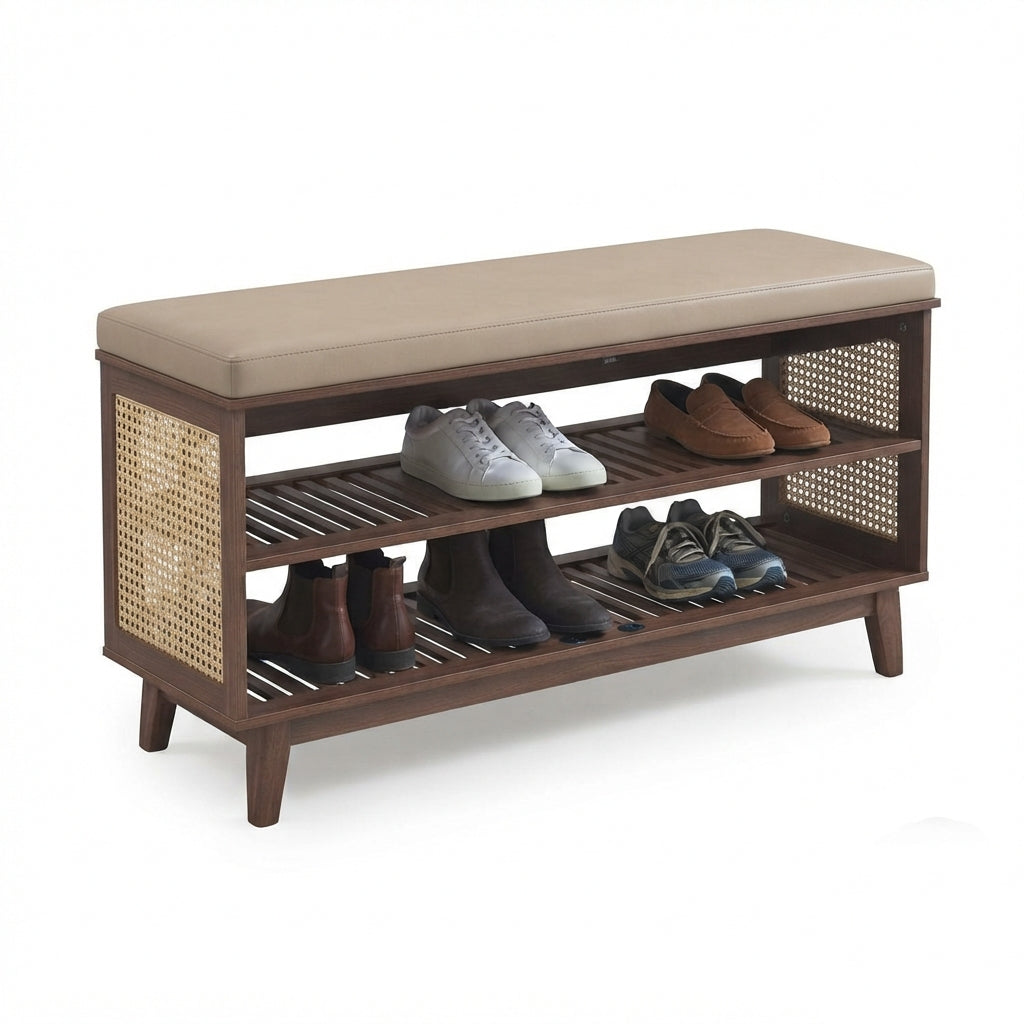 Vamo Solid Wood Storage Bench & Shoe Rack with Upholstered Seat