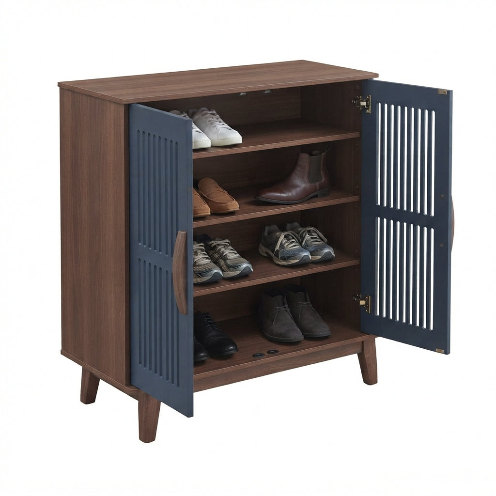Vent Solid Wood Shoe Cabinet with Grooved Ventilation Doors – 2 Door Mango Wood Shoe Storage