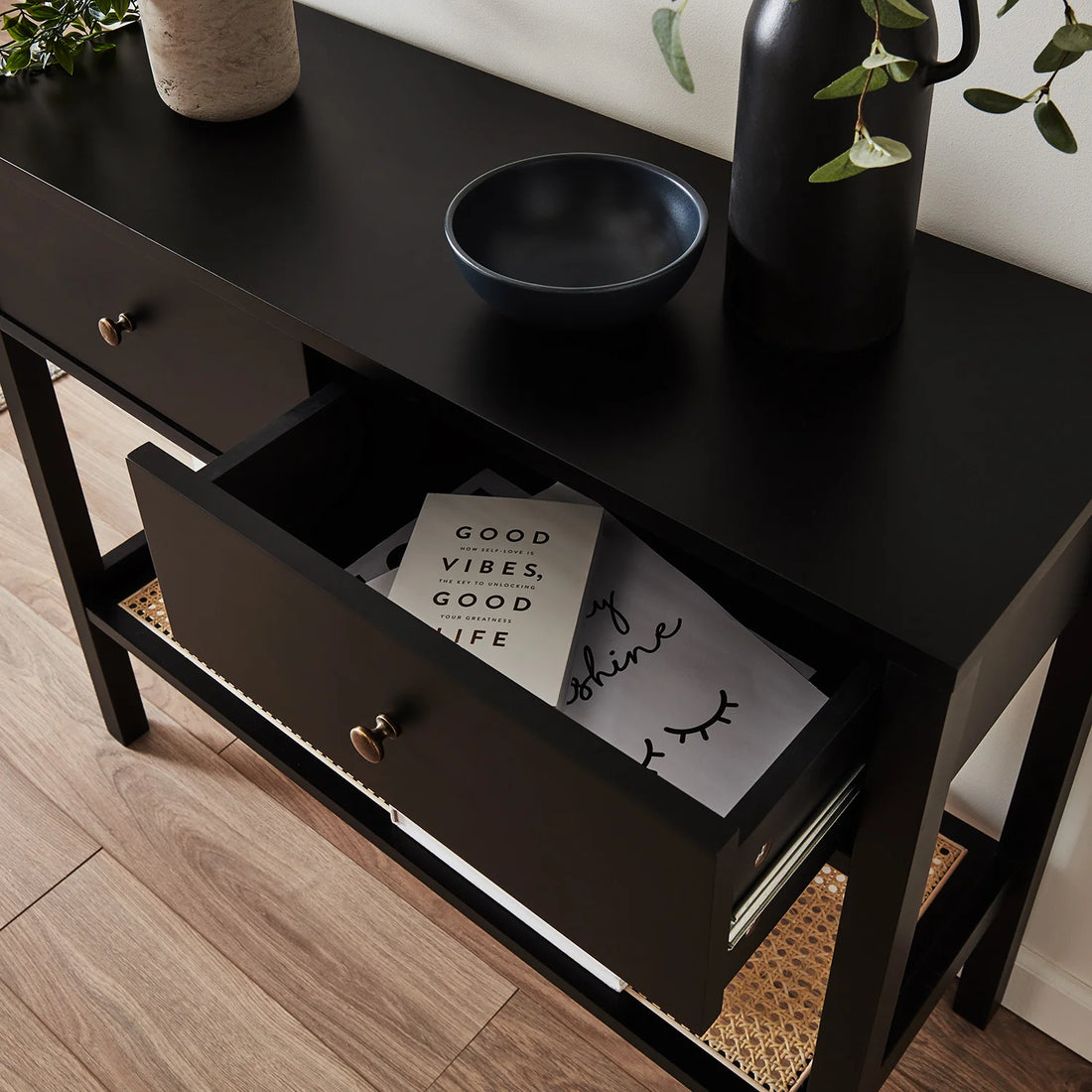 Black Rattan Console Table