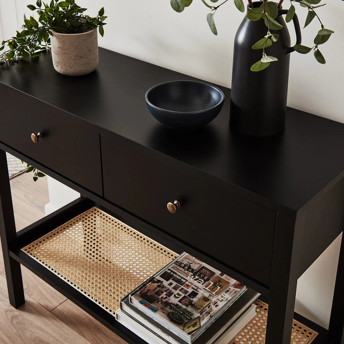 Black Rattan Console Table