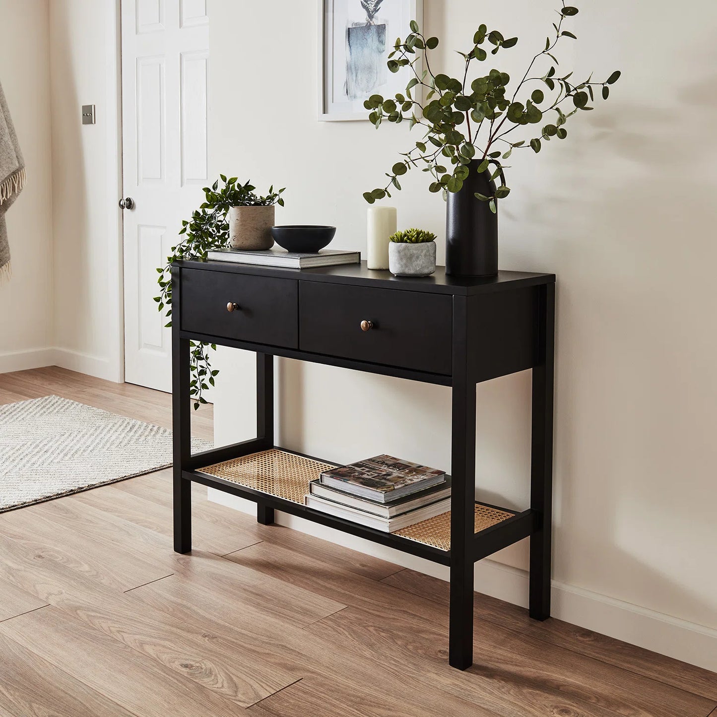 Mango Wood Black Rattan Console Table