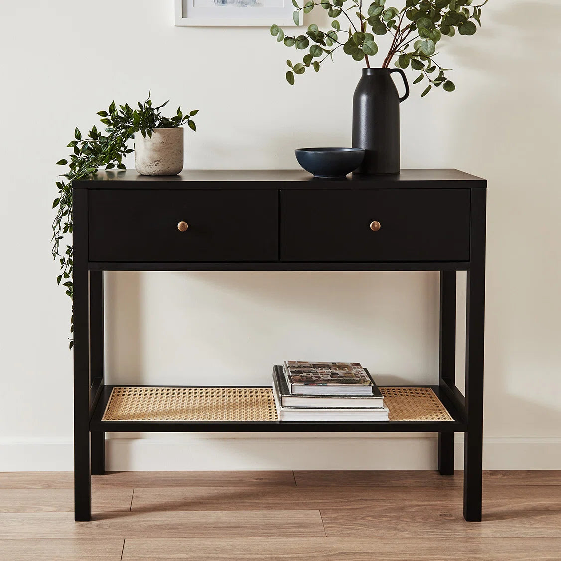 Mango Wood Black Rattan Console Table