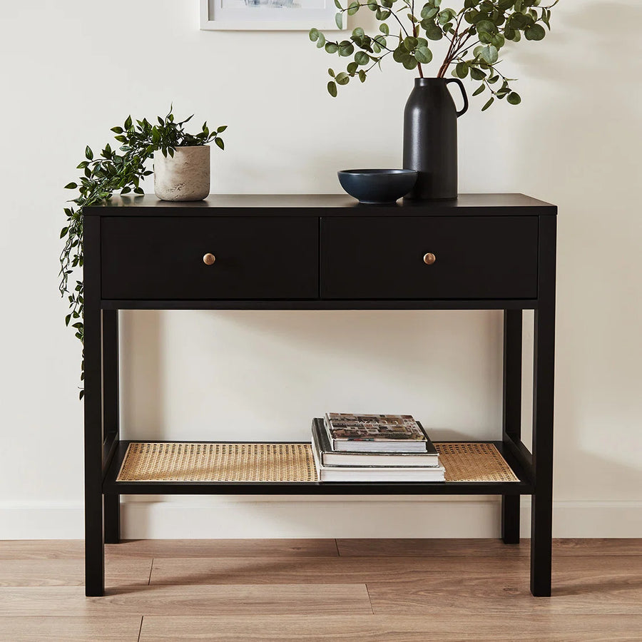 Black Rattan Console Table