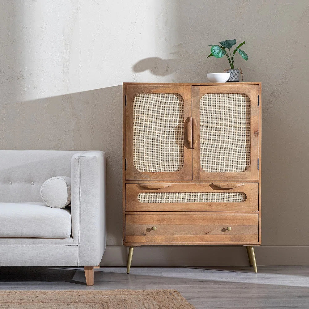 Vinnie Solid Wood Rattan Sideboard in Mango Wood