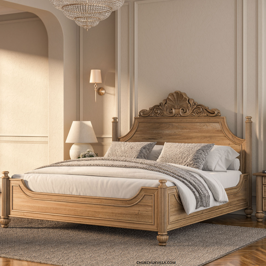 Morris Solid Wood Hand-Carved Bed – Natural Finish